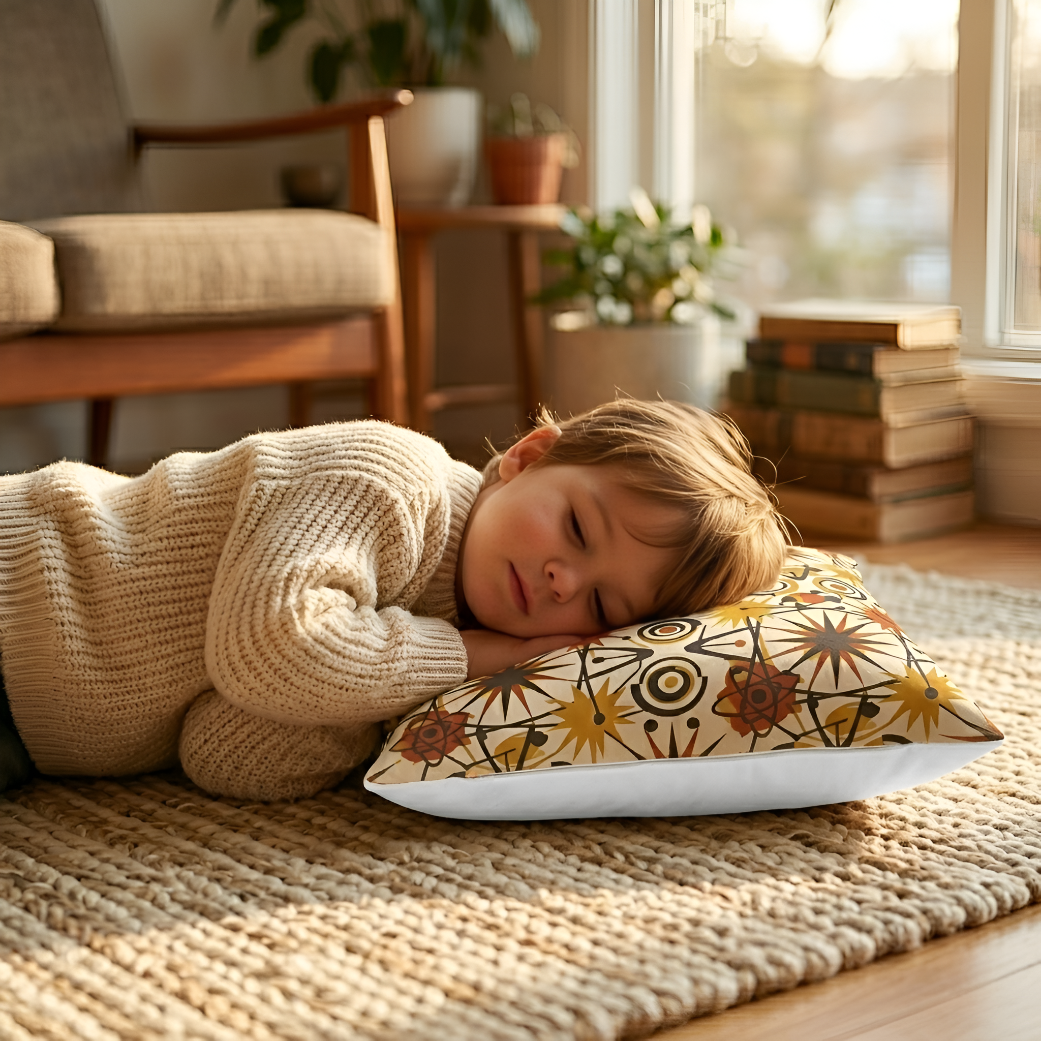 Child lying on a patterned pillow in a cozy living room