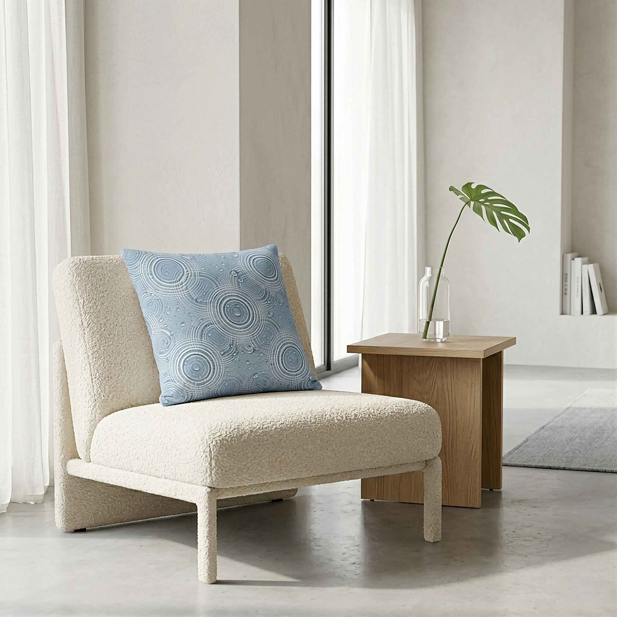 Beige armchair with a blue pillow in a modern living room setting