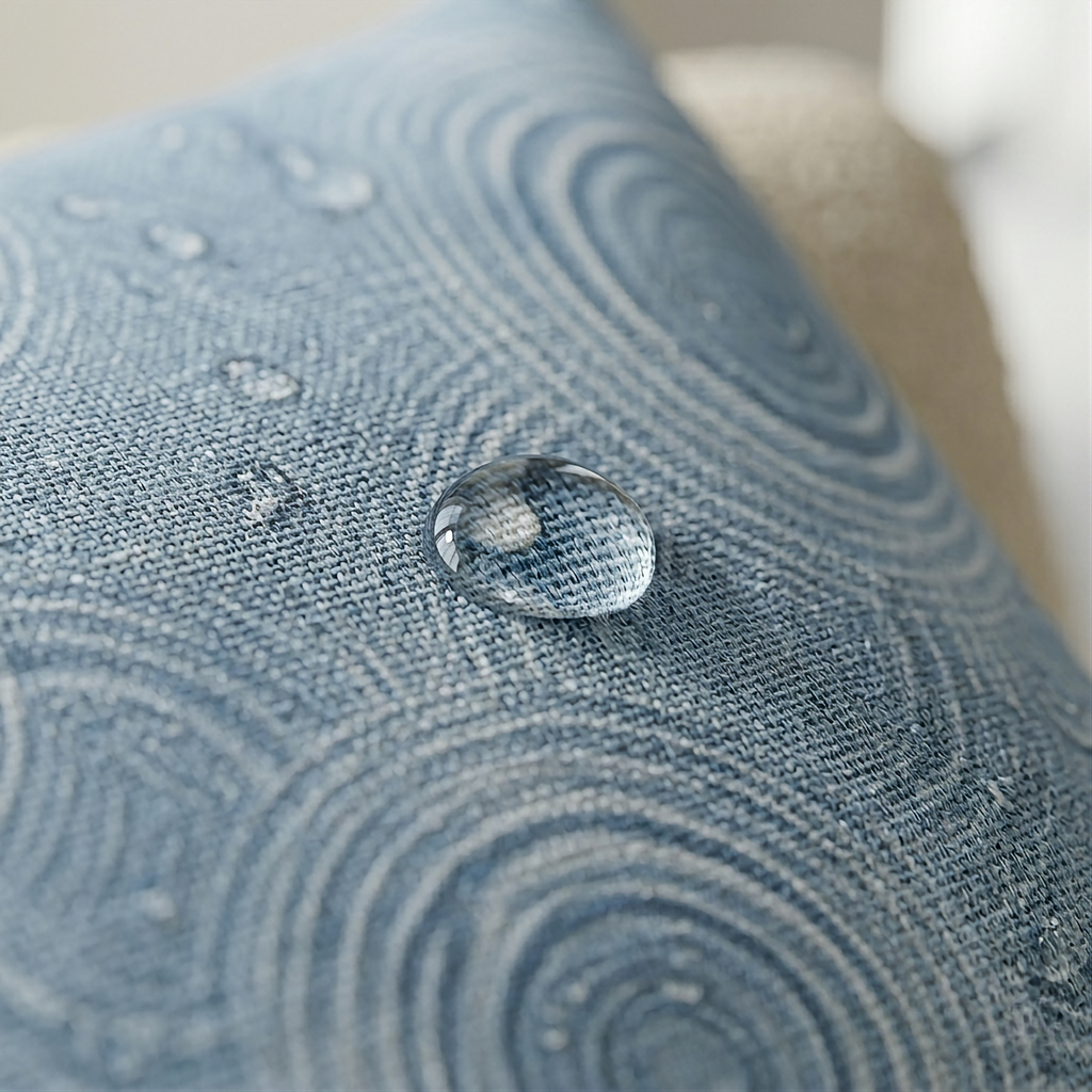 Water droplet on textured blue fabric