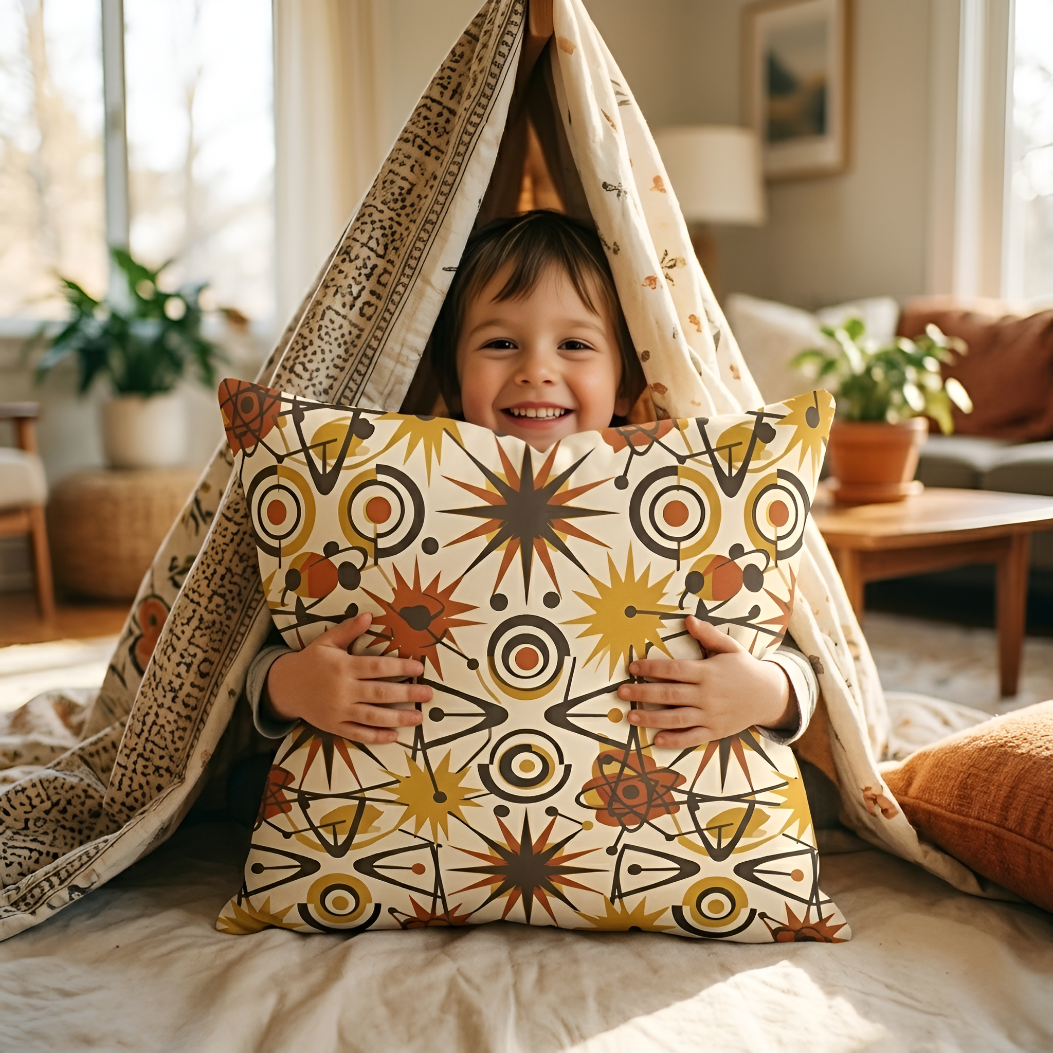 Child holding a decorative pillow inside a teepee-like structure in a cozy living room.