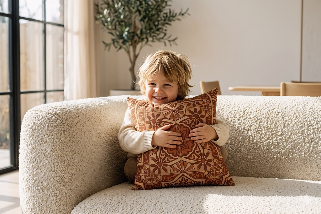 Child holding a patterned pillow on a couch in a bright room with a plant in the background